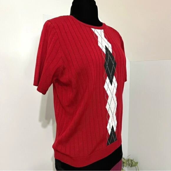 Vintage Alfred Dunner Argyle Short Sleeve Red Pullover Knit Sweater Top Medium - Picture 2 of 11